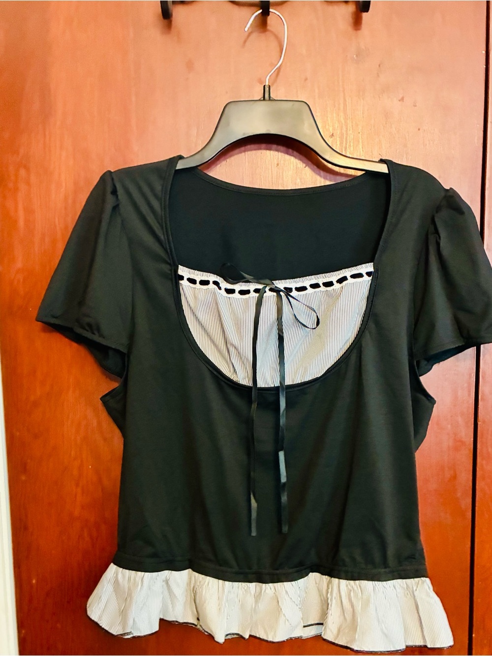 SHEIN Black Short-Sleeve Peplum Top with Bow and Striped Trim